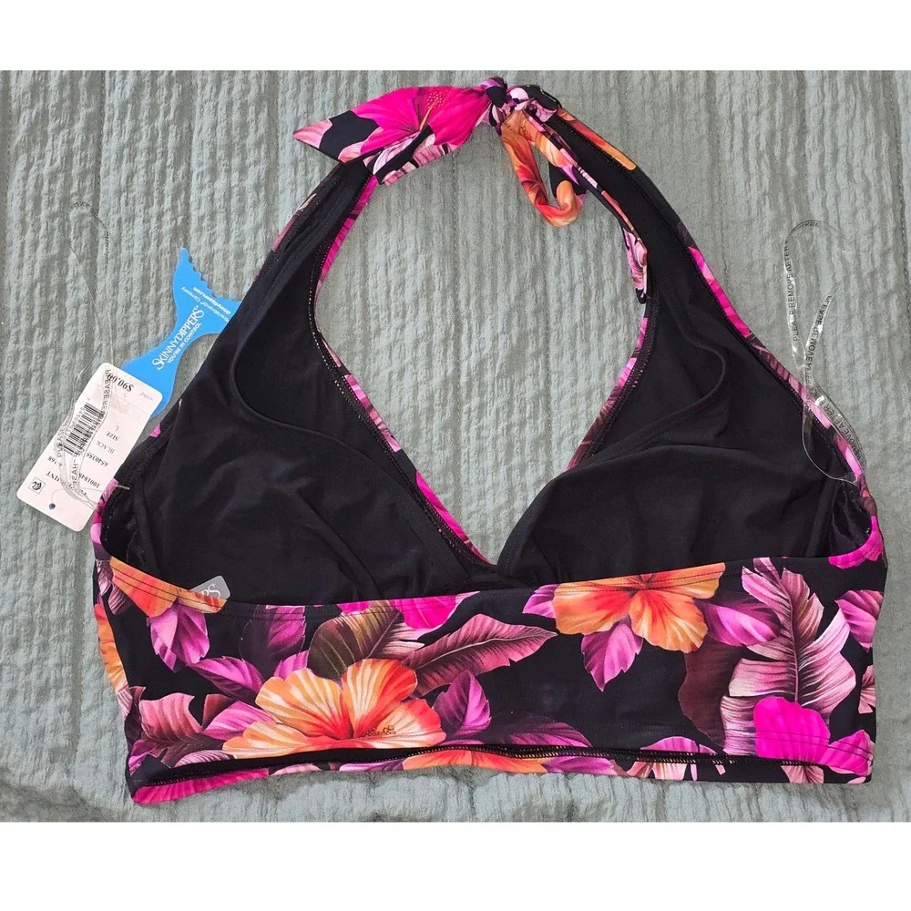 NWT Skinny Dippers Peppermint‎ Top Black Floral Halter Bikini Swim Women Large